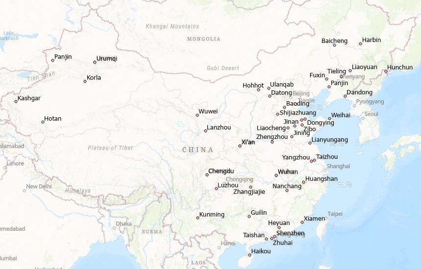 A map of China highlighting about 30 cities